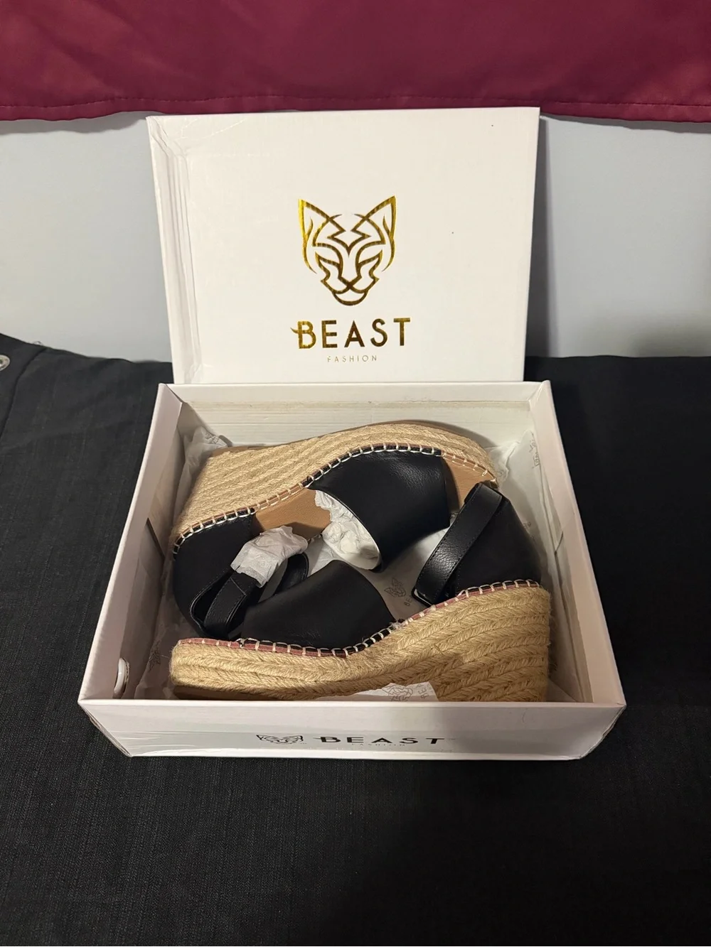 BEAST FASHION Black Espadrille Rope Wedge Sandals